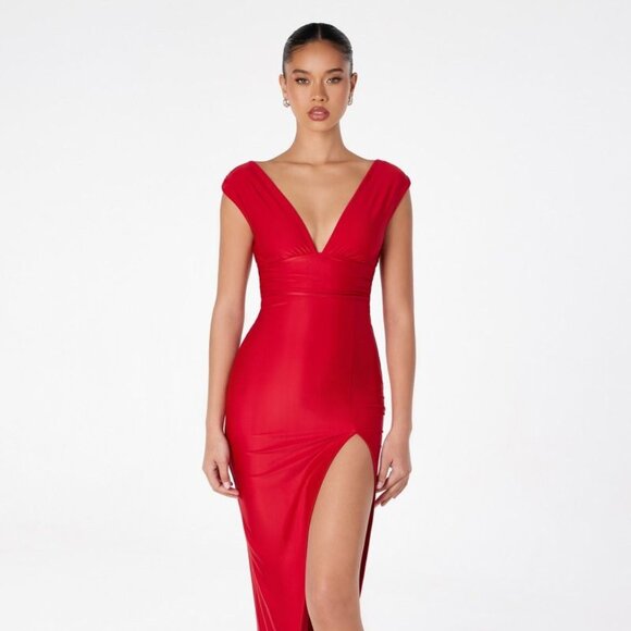 New Glamorous Solid Sheath Maxi Dress w/ Cap Sleeves & V-Neckline CD T5000 - Picture 1 of 9